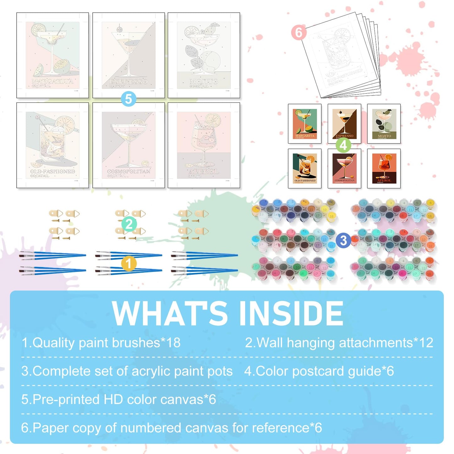 6 Pack Paint by Numbers Kit for Adults Beginners - 8x10 Inch Cocktail Adult Paint by Number Kits on Canvas, Cocktail DIY Acrylic Oil Number Painting Kits for Adults, Perfect for Gift Home Decor