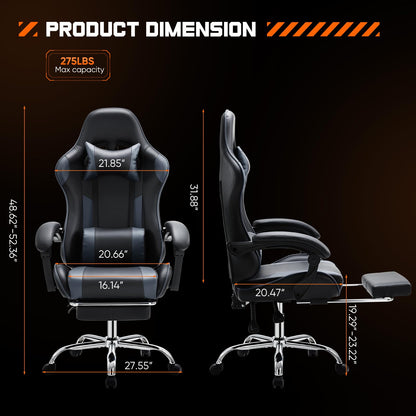 Elevon Ergonomic Video Game Computer Chairs with Footrest & Comfortable Lumbar Support,Height Adjustable Reclining Chair in PU Leather with Headrest and Fixed Armrests, 360° Swivel, Black&Grey