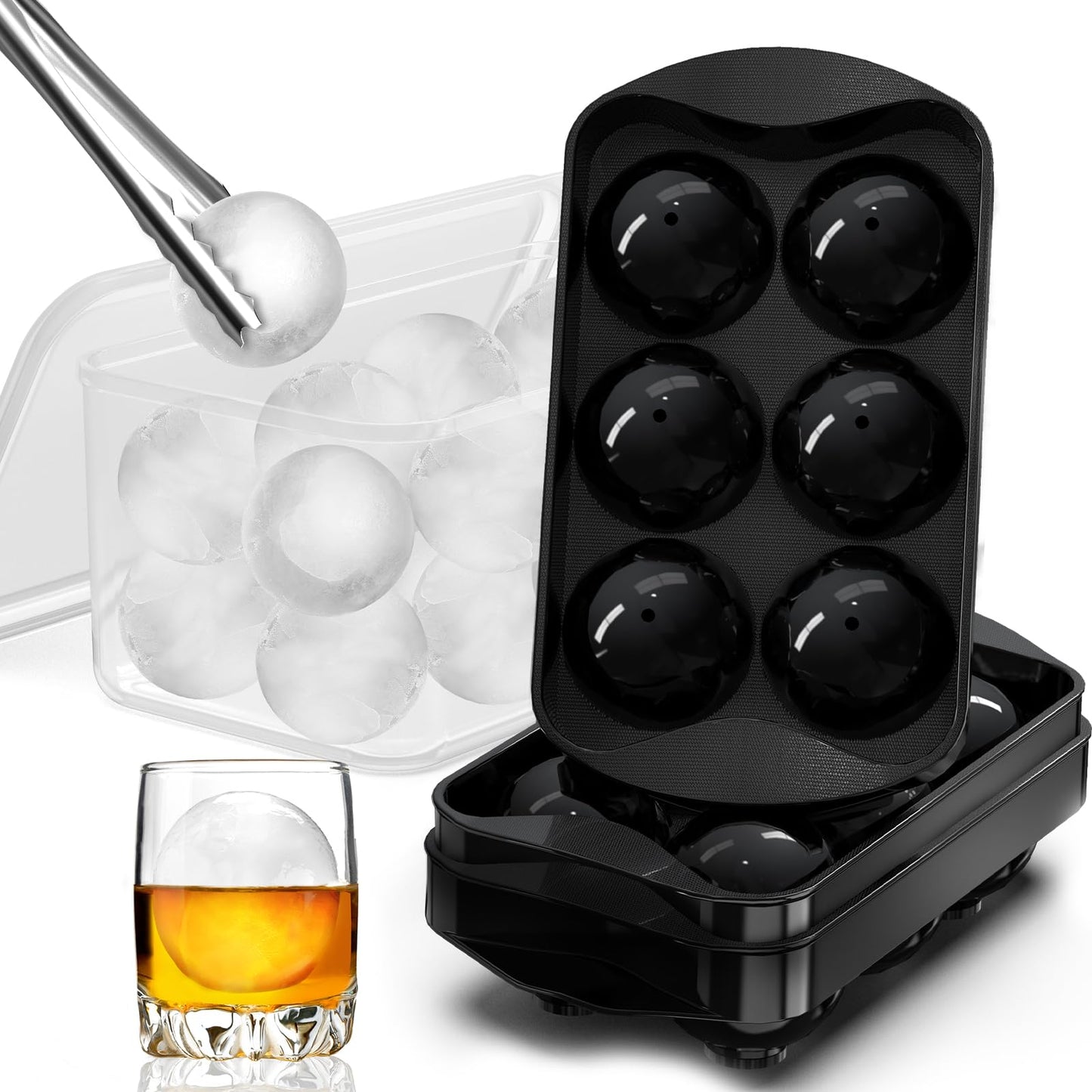Whiskey Ice Cubes Mold 2 Pack - Round Ice Cube Mold & Ice Ball Maker Set with Storage Bin, Ice Cube Trays with Lid, Tongs for Bourbon & Cocktails, Gifts for Whiskey Lover