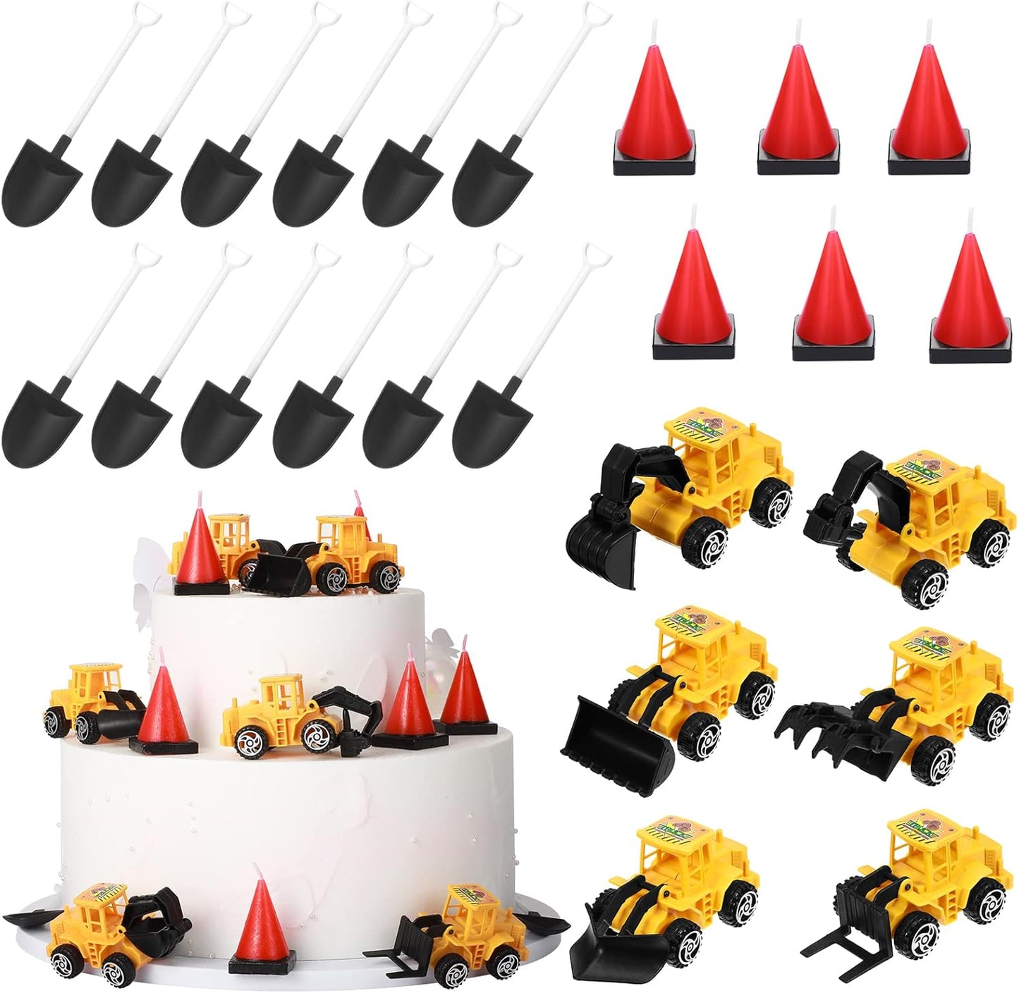 24 Set 6 12 Yerliker Pcs Construction Party Decoration Construction Cone Shaped Cake Candles Truck Excavator Cake