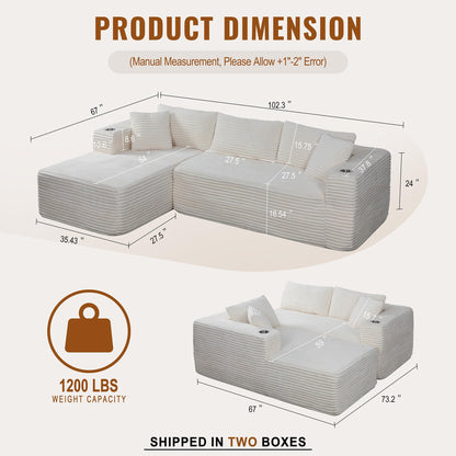 Shintenchi Boneless Couches for Living Room,Modular Sectional Sofa with 2 Cup Holders,Memory Foam Cloud Couch with L Shaped Oversized Chaise,No Assembly Needed Plush Corduroy Sofa,White