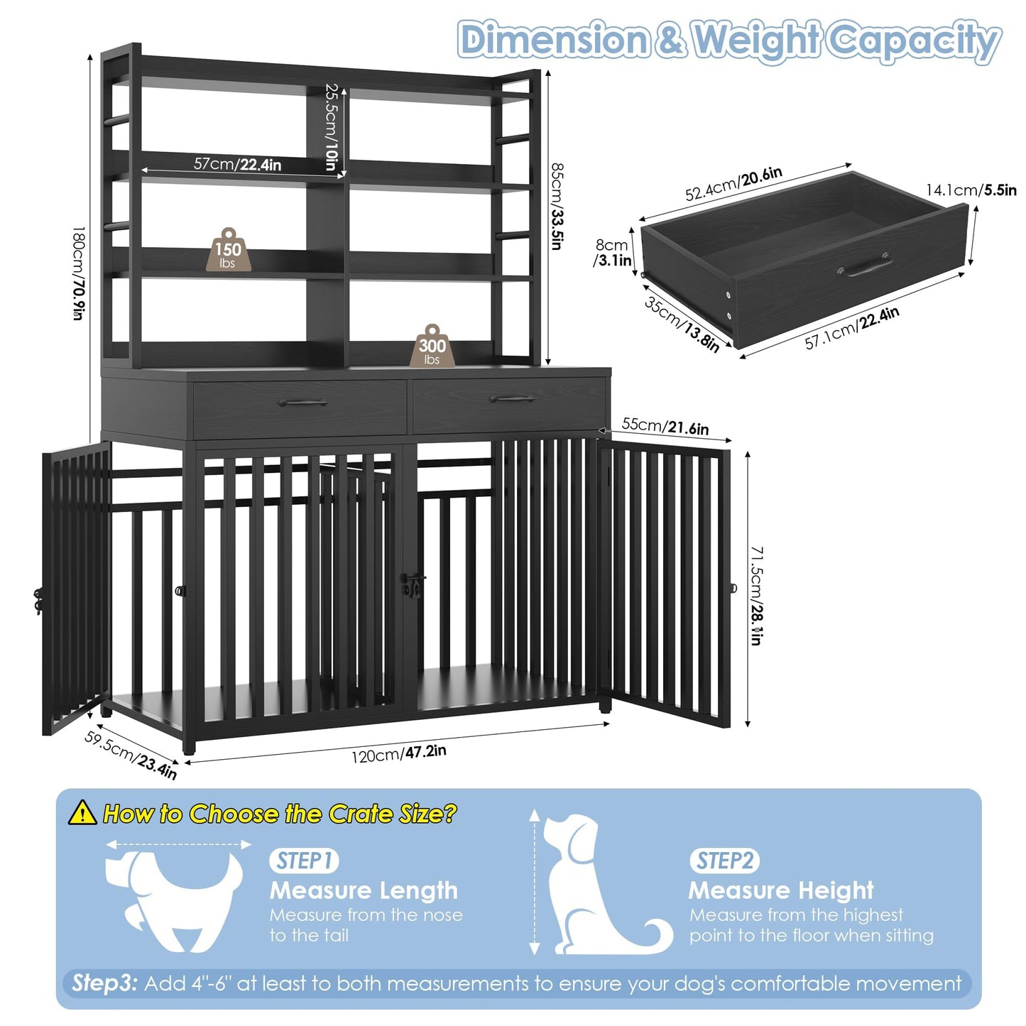 Keyluv 71''H x 47.2''W Large Dog Crate Furniture with 4-Tier Shelves and 2 Storage Drawers, Heavy Duty Dog Cage Furniture with 2 Doors, Wood & Metal Dog Kennel Indoor for Small/Medium/Large Dog, Black