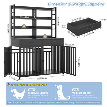 Keyluv 71''H x 47.2''W Large Dog Crate Furniture with 4-Tier Shelves and 2 Storage Drawers, Heavy Duty Dog Cage Furniture with 2 Doors, Wood & Metal Dog Kennel Indoor for Small/Medium/Large Dog, Black