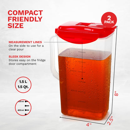 Red 50 Oz. Plastic Pitcher Set of 2 | Fridge Door Jug with Lid | Airtight Iced Tea Container