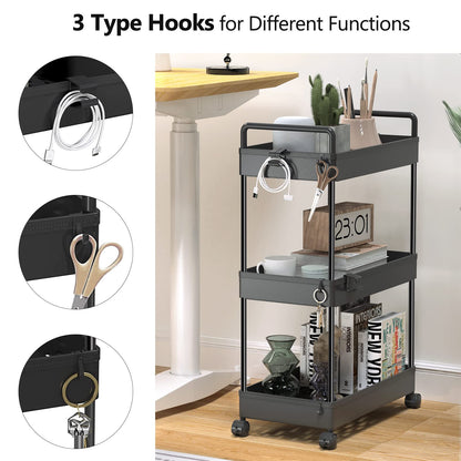SOLEJAZZ 3 Tier Rolling Storage Cart with Wheels Slim Craft Nail Makeup Snack Art Baby Utility Cart Organizer on 2 Lockable Wheels for Bathroom Laundry Room Kitchen Bedside Narrow Spaces, Black