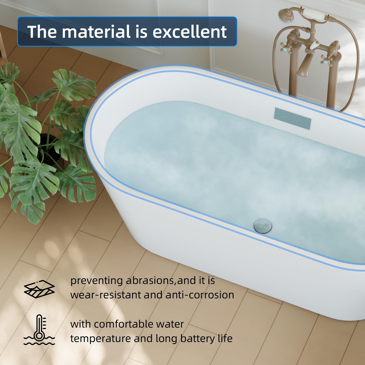 59" Free Standing Tub, Acrylic Soaking Bathtub, Stand Alone Freestanding Tub with Matte Sliver Drain and Overflow, Contemporary Bathtub for Bathroom, Burnish White