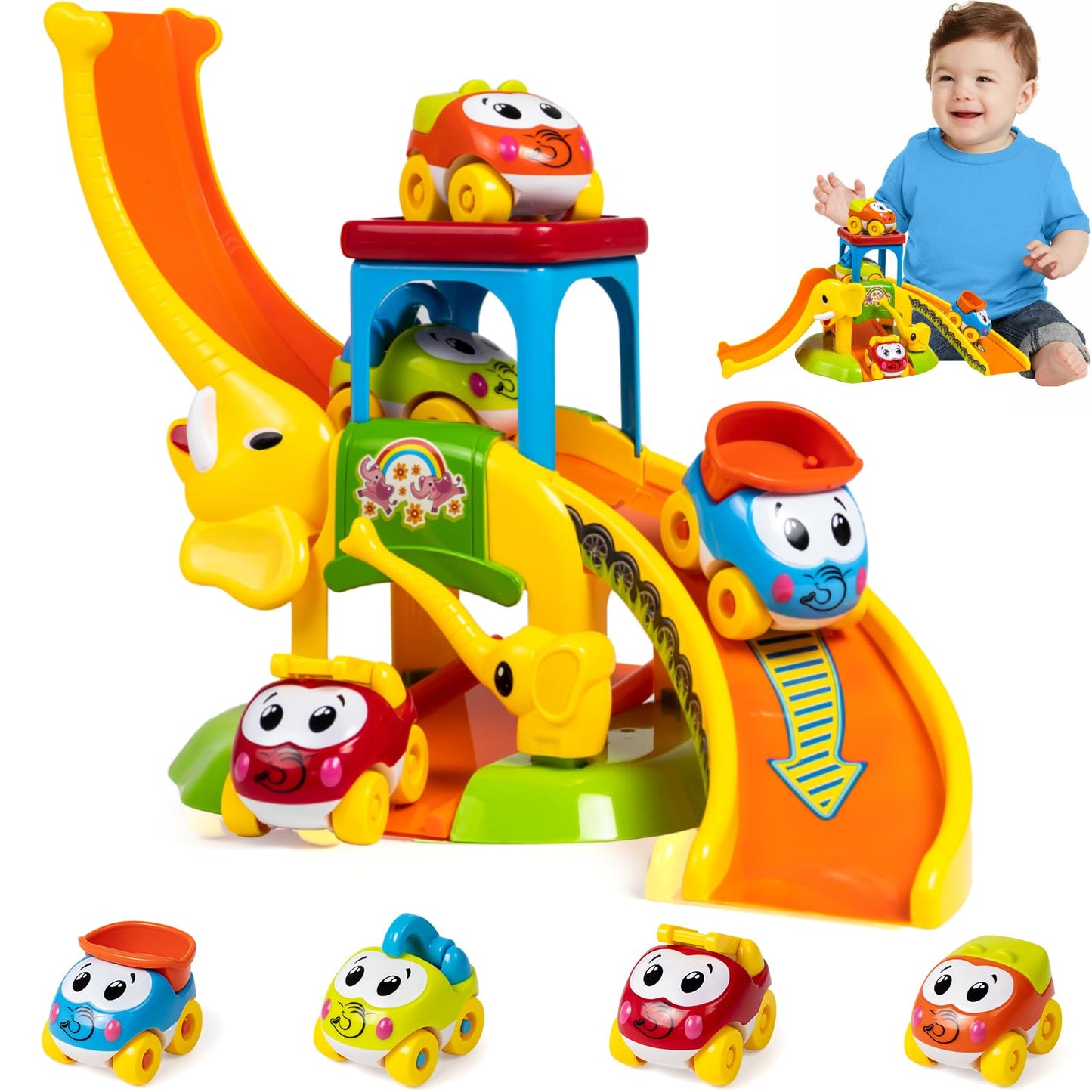Marstone Toddler Toys for 1 2 Year Old Boys and Girls Gifts: Educational Elephant Slide with 4 Animal Car Toys for Baby 12-18 Months, First Birthday Gifts for Kids, Learning Push Truck Tracks Age 1-2