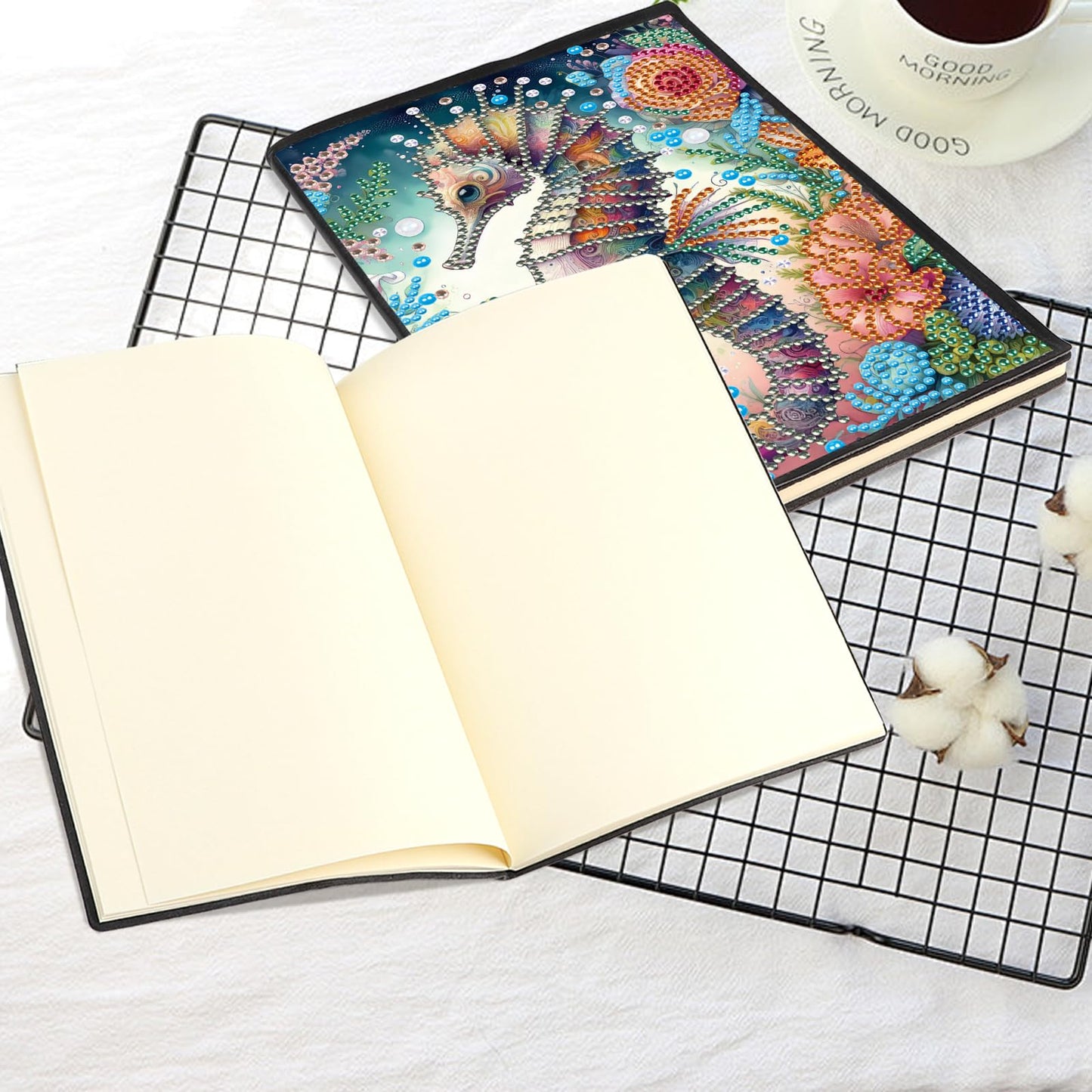 JISHSHAY Diamond Art Notebook Journal Diamond Painting Note Book Gem Art Sketchbook Gem Painting Diary Mosaic Kits for Adults Blank Notebook with Special Shaped 14.5×21cm/5.7×8.26in Sea Horse
