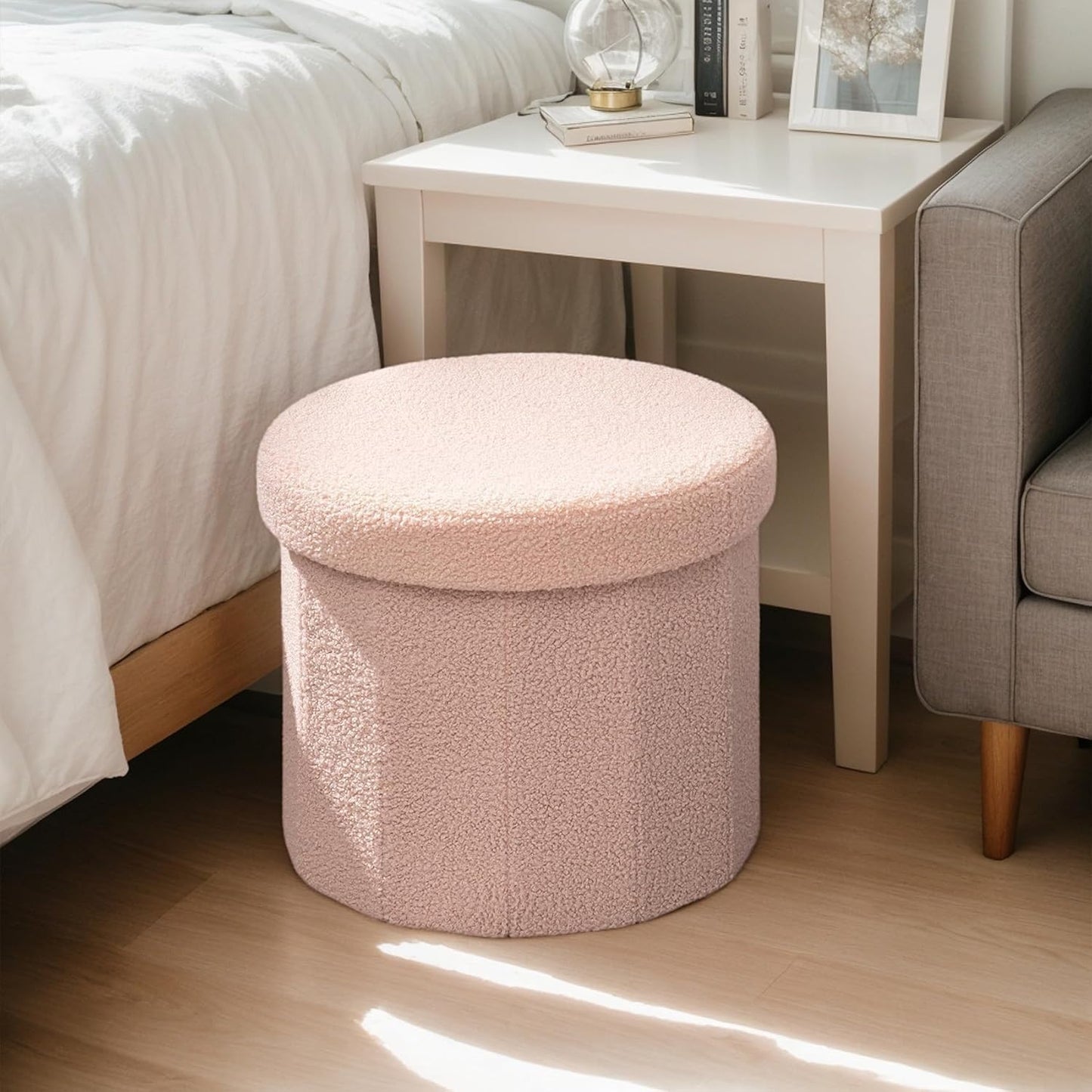 15-Inch Compact Round Ottoman with Hidden Storage - Pink