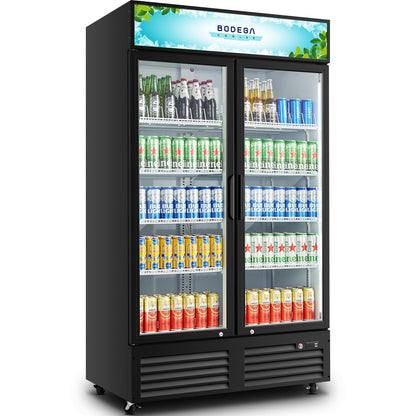 BODEGA BODEGACOOLER 35.4 Cu. Ft Commercial Beverage Refrigerator, 2 Glass Door Merchandiser Cooler Display Refrigerator with LED Lighting, Adjustable Shelves, Temperature Control and Casters, Black