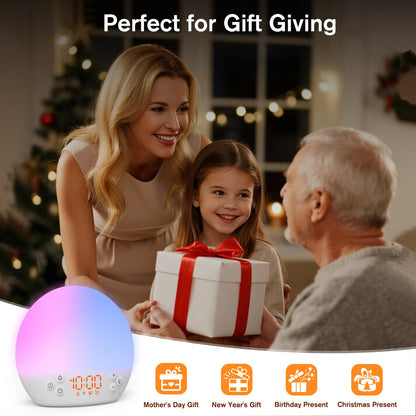 Wake up Light Sunrise Alarm Clock, Digital Alarm Clock Bedside Dimmable Night Light, White Noise Sound Machine 30 Soothing Sounds, Loud Alarm Clock for Heavy Sleepers Adults Kids, Ideal for Gift