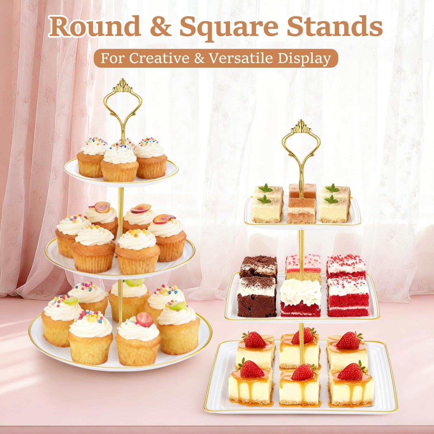 Lzerking 13pcs Dessert Table Display Set, 6 3-Tiered Cupcake Stands (3round & 3square) with 4 Trays & 3 Tongs, White Gold Plastic for Wedding, Tea Party, Baby Shower Decor, Birthday Party Decoration