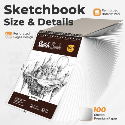 Nicpro 37PCS Art Drawing Supplies Kit, Metal Mechanical Pencil Set 0.5, 0.7, 0.9 & 2mm, 100 Sheets 9x12 Sketch Book, 288PCS Leads, School Supplies Drawing Kit for Artist Adults Teens Kids Sketching