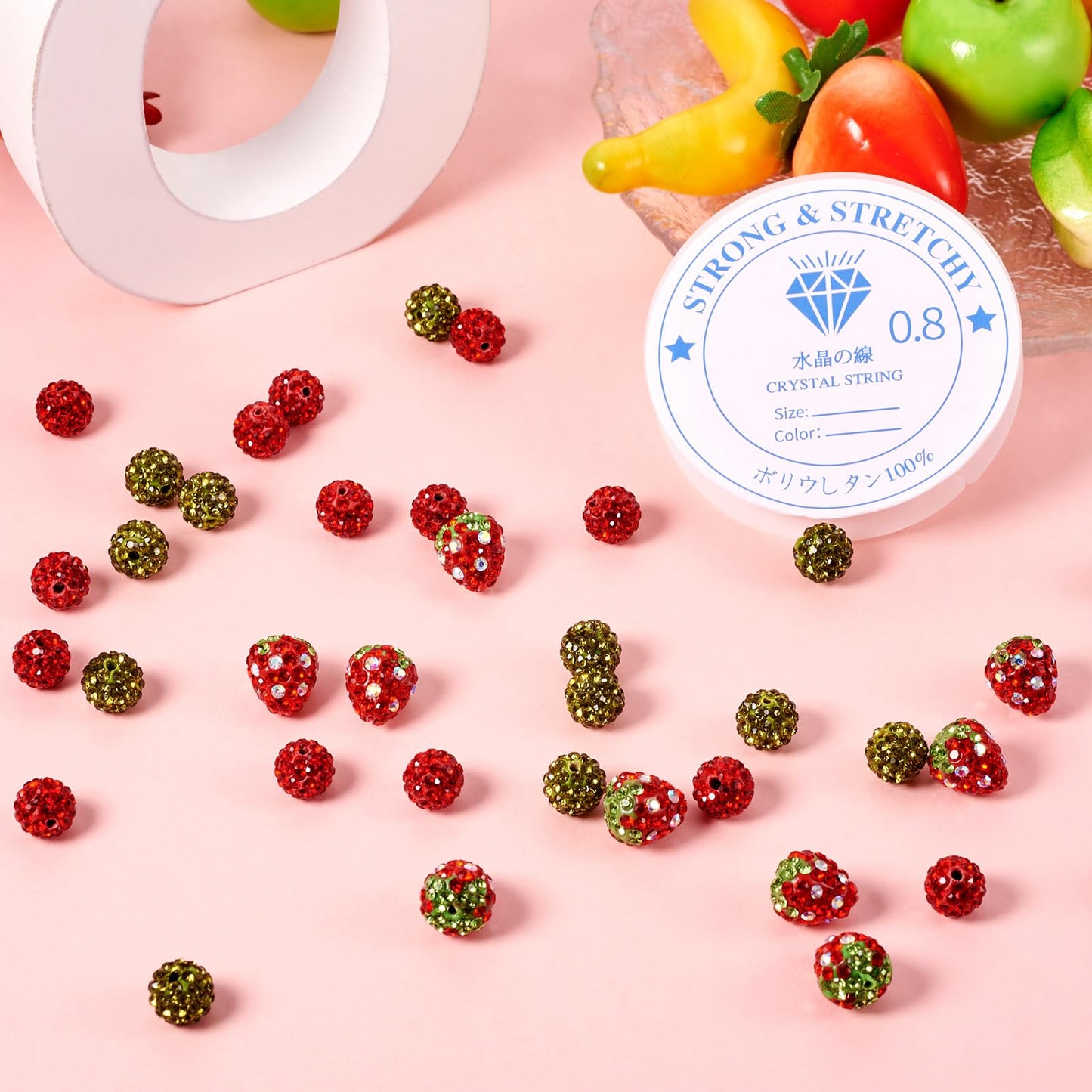KISSITTY 40Pcs Strawberry Polymer Clay Beads Bracelet Making Kit Crystal Round Rhinestone Beads Colorful Disco Ball Bead with Elastic String for Bracelets Necklaces Jewelry Making Supplies DIY Crafts