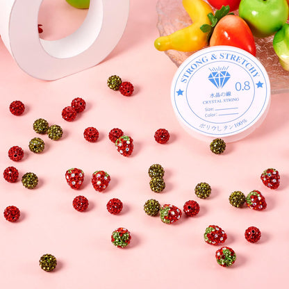 KISSITTY 40Pcs Strawberry Polymer Clay Beads Bracelet Making Kit Crystal Round Rhinestone Beads Colorful Disco Ball Bead with Elastic String for Bracelets Necklaces Jewelry Making Supplies DIY Crafts