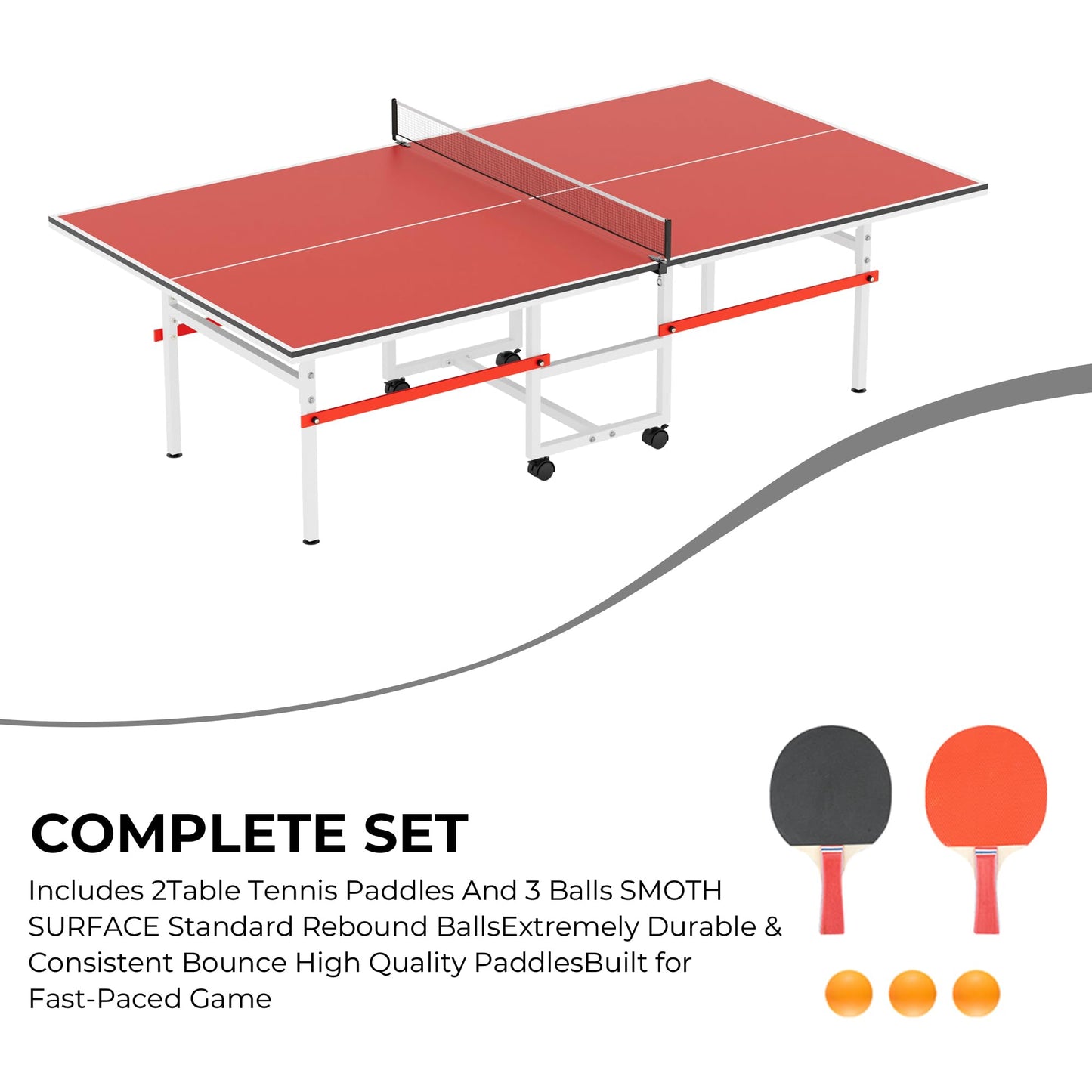 8FT Table Tennis Table with Net, Indoor/Outdoor Professional Ping Pong Table for Kids Adults, Folding Ping Pong Table, Complete Set with Paddles and Balls, School Playground Game Table (Red)