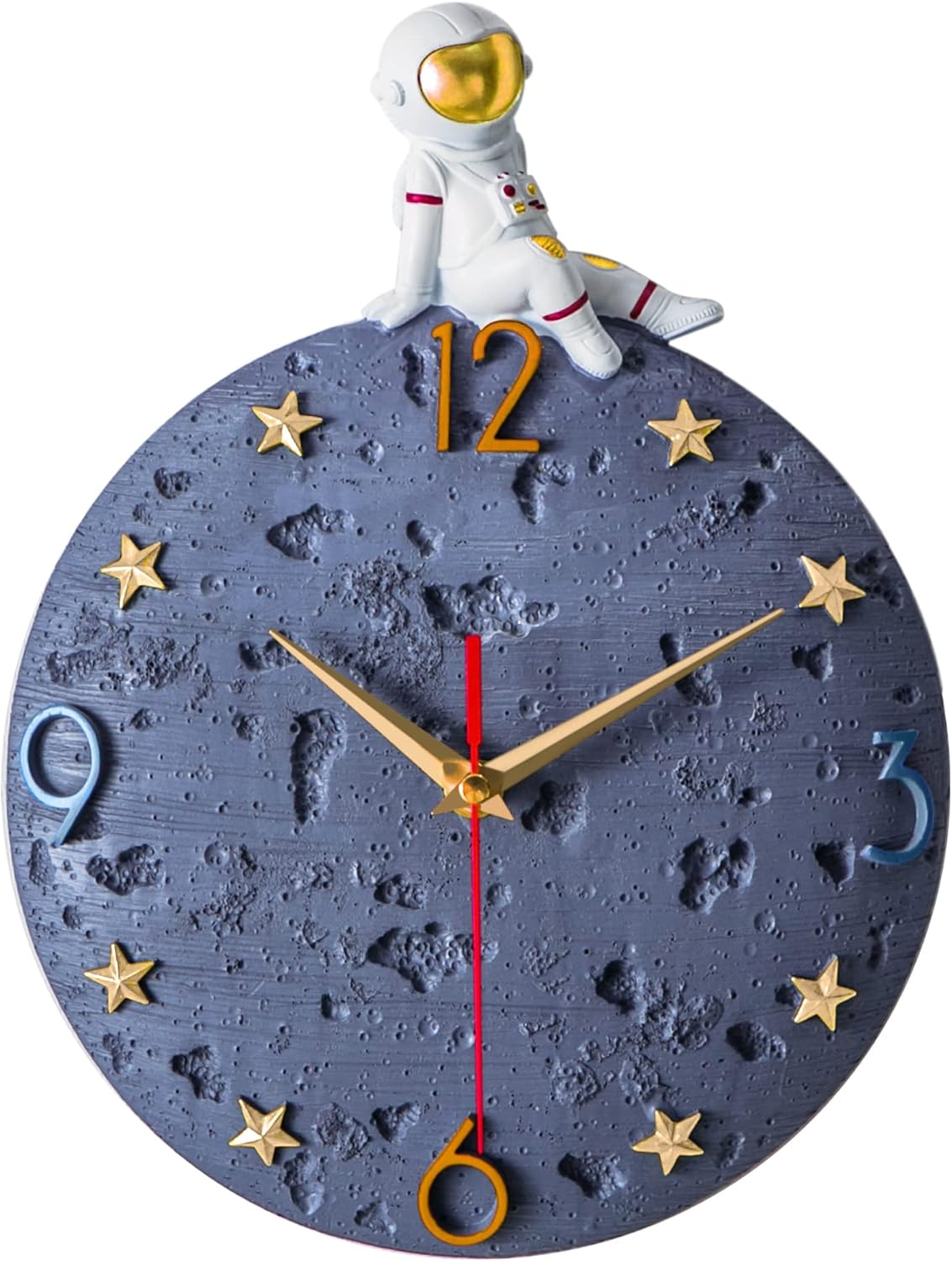 12 Inch Space Theme Wall Clock, Astronaut Moon Wall Clock, Grey Modern Silent Clock for Kids Room Nursery Living Room