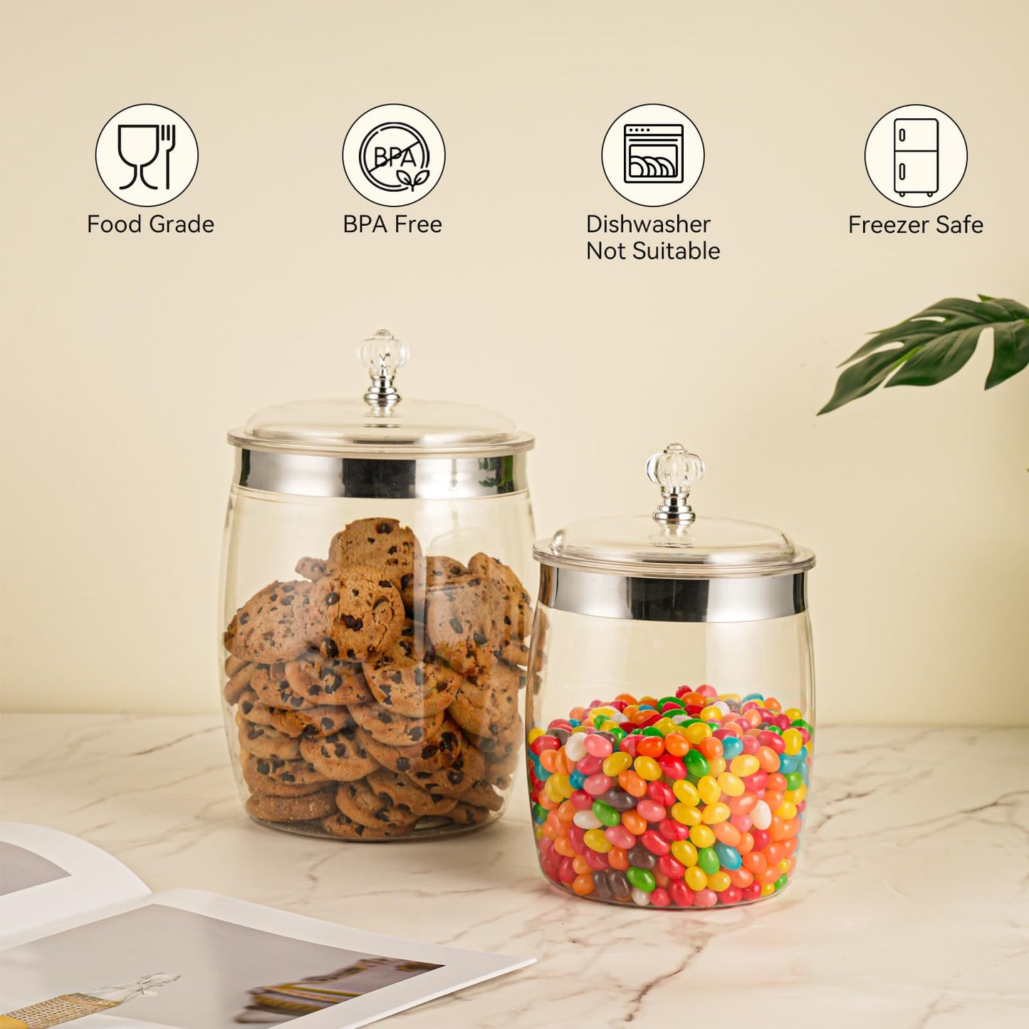 Wagrvuy 2 Pcs Candy Cookie Jar with Lids - 128 Oz & 74 Oz Plastic Clear Airtight Containers Large Kitchen Pantry Food Apothecary Storage Sealed Canisters for Coffee Cereal Pasta Flour Rice Snack