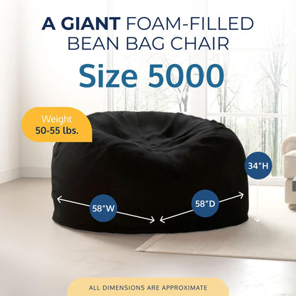 ULTIMATE SACK 5000 5-Foot Bean Bag Chair, Black Fur Cover – Oversized Foam Lounger, Floor Seat, Small Sofa, or Couch Bed for Living Area, Gaming Room, or Reading Lounge