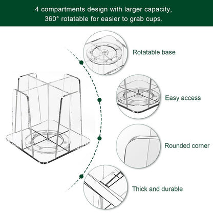 HOUSEDOMO Coffee Cup Organizer for Countertop - Rotating Plastic Cup Holder 4 Compartments Clear Acrylic Cup and Lid Holder for Coffee Bar Restaurant Breakroom Disposable Paper Coffee Cup Dispenser