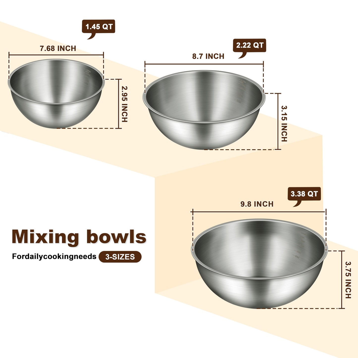 Gronivex Stainless Steel Mixing Bowls Set, Food Grade 304, Dishwasher Safe & Stackable for Baking, Tossing Salads, and Meal Prep for Your Kitchen (3 pack-1.45,2.22,3.38qt, no lid)