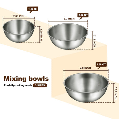 Gronivex Stainless Steel Mixing Bowls Set, Food Grade 304, Dishwasher Safe & Stackable for Baking, Tossing Salads, and Meal Prep for Your Kitchen (3 pack-1.45,2.22,3.38qt, no lid)