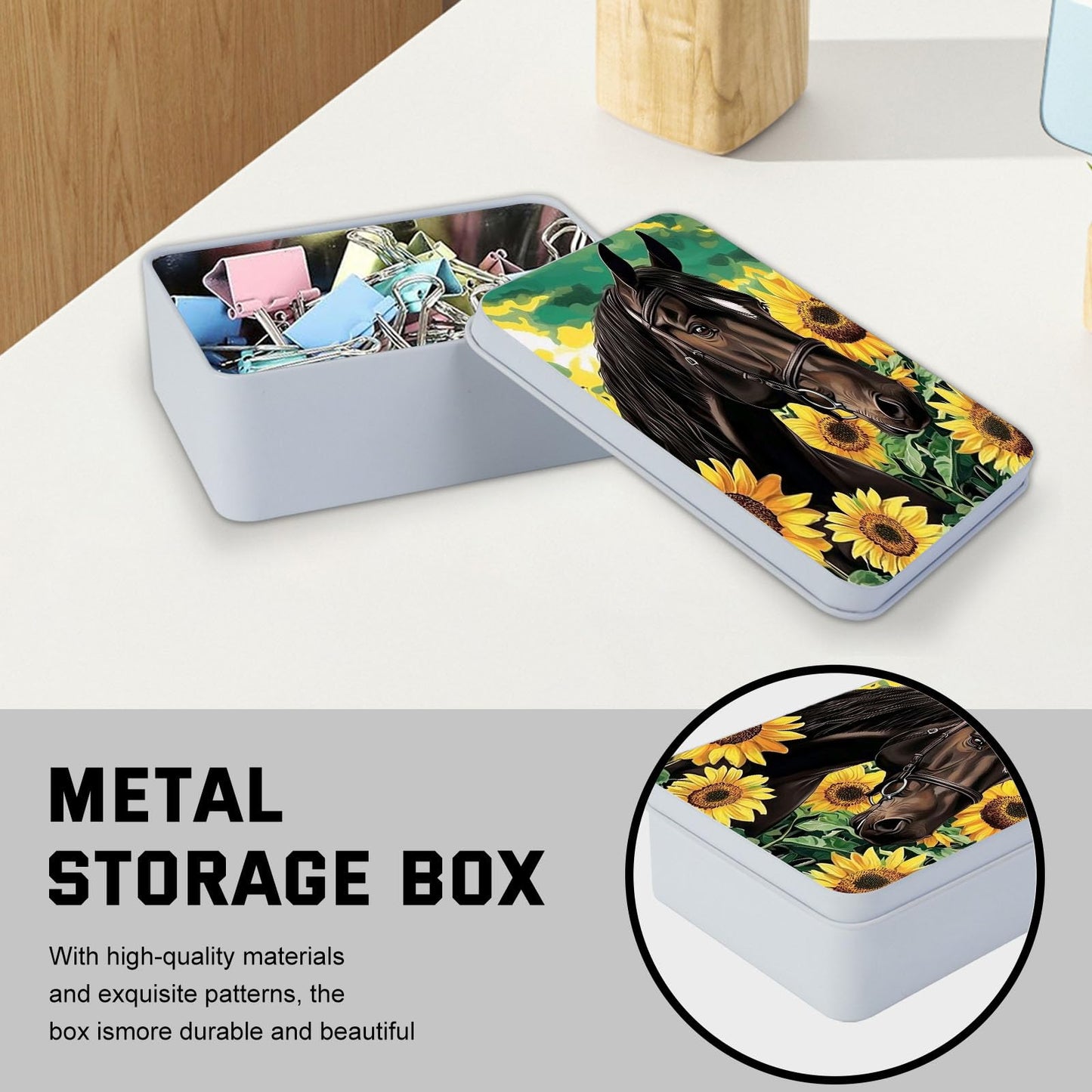 VACGBJPG Metal Tin Box with Lid for Game Cards Home Organizer Candles Keys Crafts Storage - Equipped with 4 Magnetic Cord Clips，Horses and Sunflowers