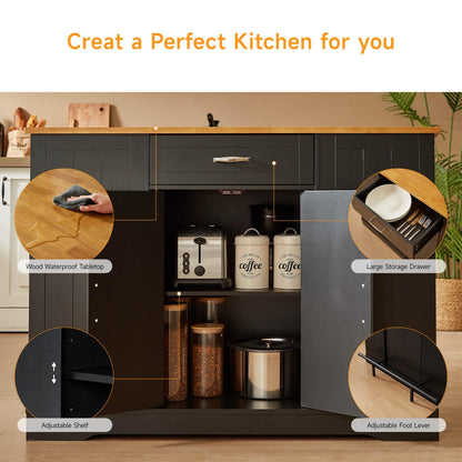 ONBRILL Stationary Kitchen Islands Include 2 Chairs, 47" Kitchen Island with Drop Leaf, Home Bar Table with Spice Rack & with Trash Cabinet, Island Table for Dining Room with Power Outlet, Black