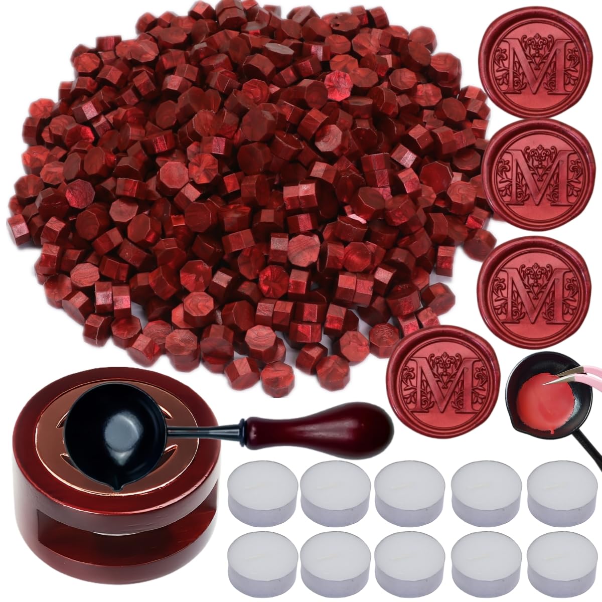 Wine Red Sealing Wax Beads, ONWINPOR 400pcs Wax Seal Kit with Warmer, Non-Slip Spoon, Candles for Envelopes, Stamp Letter Seal,Wedding Invitations (Wine Red)