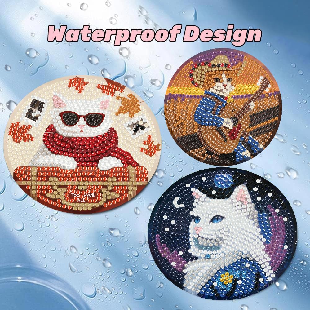 Puraikcmi 8PCs Diamond Paintings Coasters Kits Set, Cat Diamond Art Coasters with Holder, DIY Crafts Diamond Art Kits Adults Craft Diamond Gem Art Gift (Album Inspied Cat)