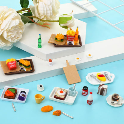 38 Pcs Miniature Food Toy Miniature Doll House Accessories Miniatures Play Sets Small Doll Food Dollhouse Foods, Hamburger Fries Soda Milk Juice Fast Foods Set for Pretend Kitchen(Fresh Style)