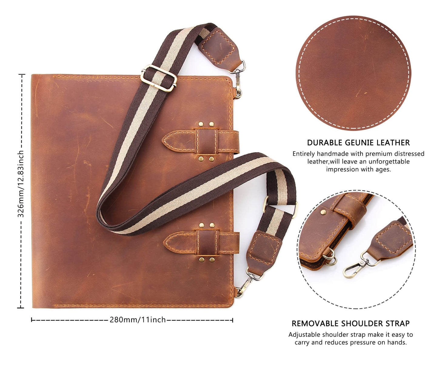 Robrasim Handmade Leather Sketchbook Cover, Artist Sketch Pad Holder for 9"X12" Sketchbook, Drawing Book and Pencil Case, Journal Notebook Portfolio with Shoulder Strap, Artist Gifts, Brown