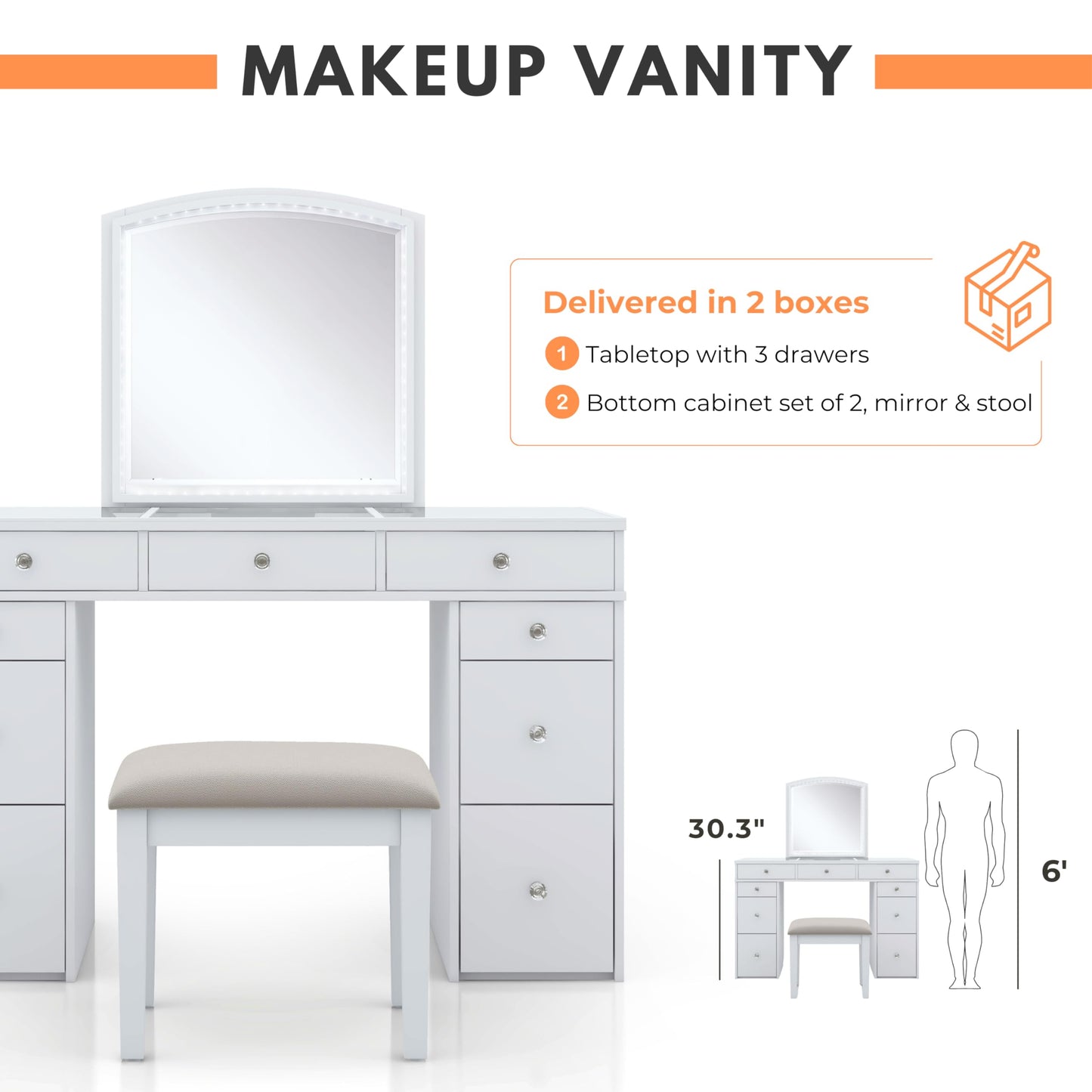 24/7 Shop at Home Juno Modern White Vanity Desk with Mirror and LED Lights, Makeup Table with 9 Drawers, Upholstered Stool with Wood Legs, Bedroom Furniture Set, Dressing Room, Youth Room