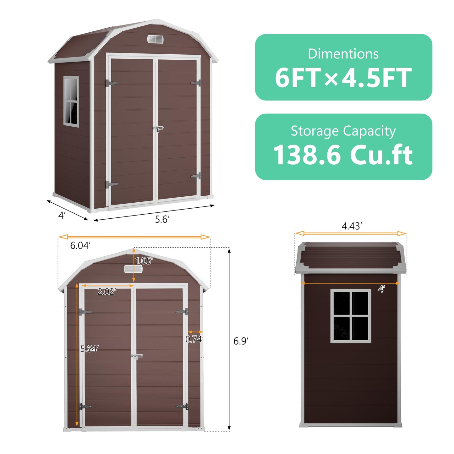 6x4.5 ft Resin Outdoor Storage Shed with Floor, Plastic Storage Shed with Lockable Door, Outside Shed Perfect to Store Patio Furniture, GardenTools Bike Accessories, Lawn Mower