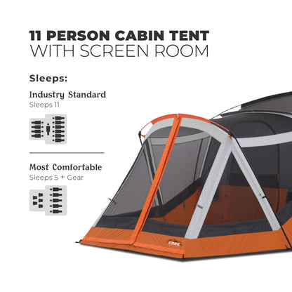 CORE 11 Person Cabin Tent with Screen Room | Large Multi Room Family Tent with Carry Bag for Outdoor Car Camping | Included Storage Pockets for Camping Accessories