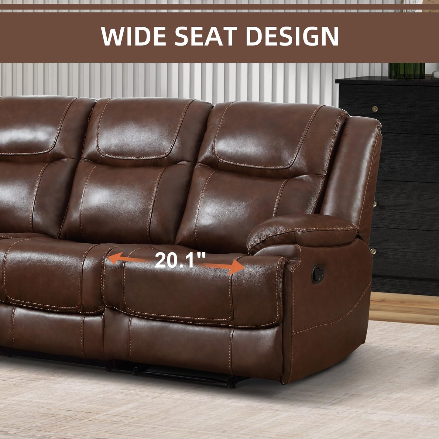 EBELLO Genuine Leather Recliner Manual Sofa Set, Double 1 Seat Reclining Chair, a 3 Seater Sofa with Headrest and Armrest, Modern Durable Home Furniture Set for Living Room, Vintage Brown