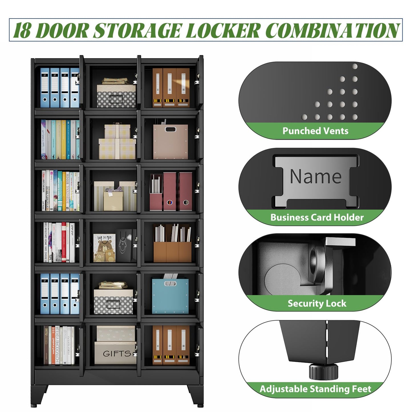 erosoei Metal Lockers for Employees, 18 Doors Metal Storage Locker with Card Slot and Ventilation Holes, Steel Employee lockers for Home Office School Gym Garage, Requires Installation