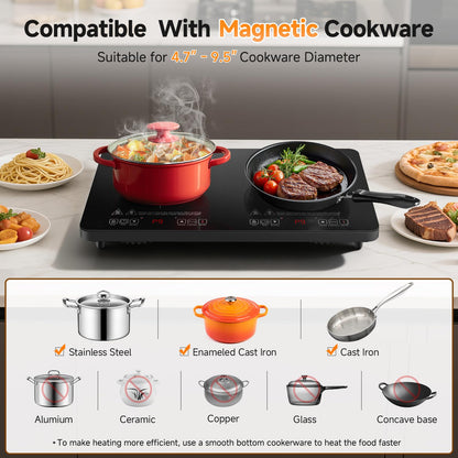 AMZCHEF Portable-Induction-Cooktop-2-Burner-ETL-Certified: 18 Power & 20 Temperature Levels Induction Burners 1800W, Independent Control,10-hour Timer, Safety Lock, Low Noise Electric Cooktops
