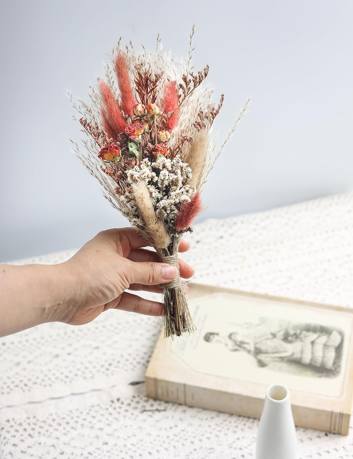 Natural Dried Flowers Bouquet with Vase, Dried Pampas Grass for Boho Home Decor, Wedding, Baby Shower, Farmhouse