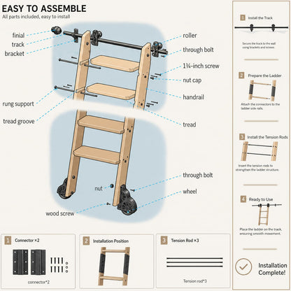Leinuosen 86 Inch Rolling Library Ladder with 4FT Track Kit, Solid Oak Wood Ladder with Braking Wheels, Sliding Kit for Home, Bookshelf, Loft(Suitable for Installation Height 80-3/4")