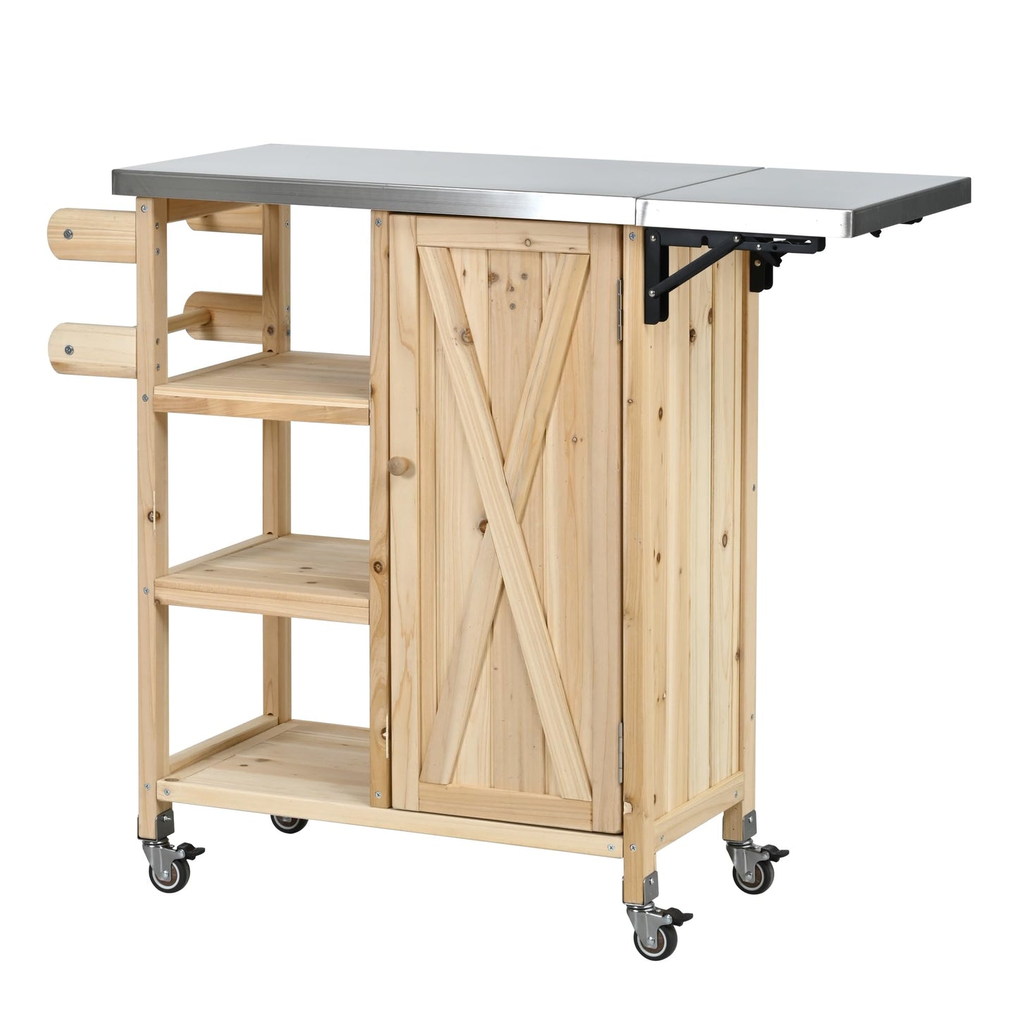 Foldable Outdoor Kitchen Island Cart with Stainless Steel Top, Rolling Grill Table with Storage Cabinet Shelves and Double Towel Rack, Wooden BBQ Prep Station with Lockable Wheels for Patio, Natural