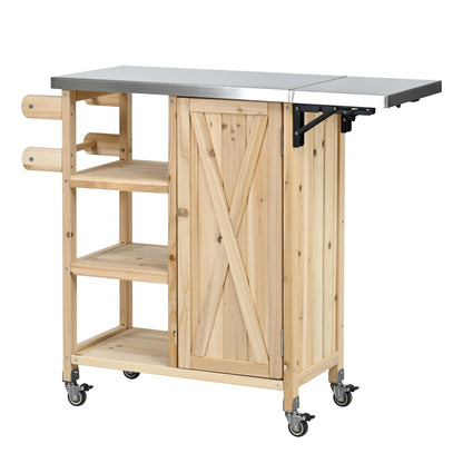 Foldable Outdoor Kitchen Island Cart with Stainless Steel Top, Rolling Grill Table with Storage Cabinet Shelves and Double Towel Rack, Wooden BBQ Prep Station with Lockable Wheels for Patio, Natural