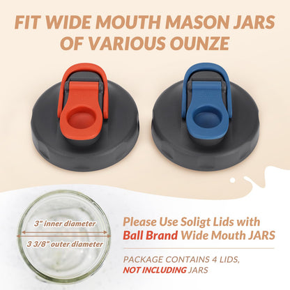 SOLIGT 4 Pack Mason Jar Lids, Wide Mouth Pour Spout Flip Cap Lids for Ball Brand Mason Jars, Leak Proof Airtight for Drinking Salad Dressing & Food Storing