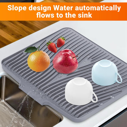 Silicone Dish Drying Mat for Kitchen Counter, Dish Drying Pad, Non-Slip Drain Pad with Built-in Drain, Heat Resistant Stone Drying Mat