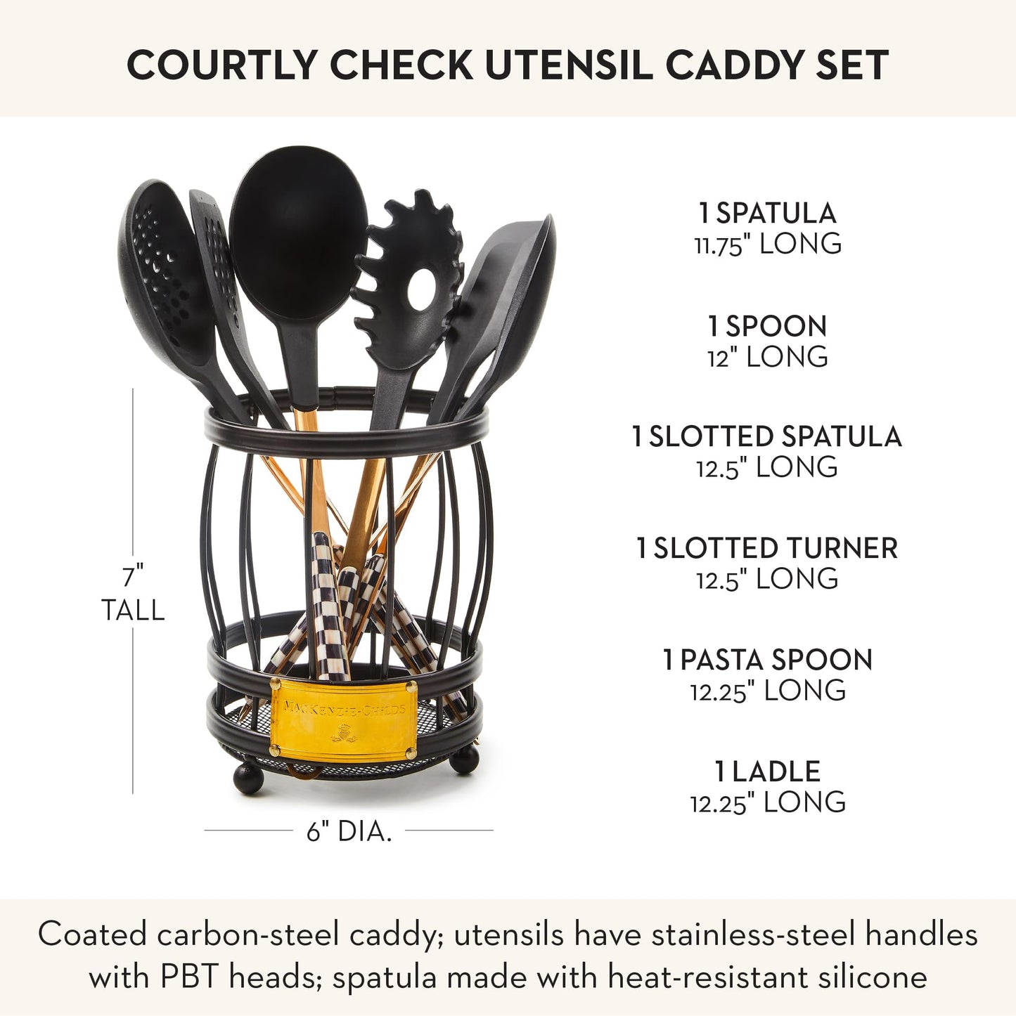MACKENZIE-CHILDS Utensil Caddy Set with Kitchen Utensils, Black-and-White Courtly Check