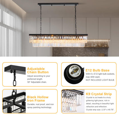 NOXARTE Rectangle Chandeliers for Dining Room, Modern Rectangular Crystal Chandelier Black 8 Lights Pendant Fixture for Kitchen Island Bar Living Room L47 Inch
