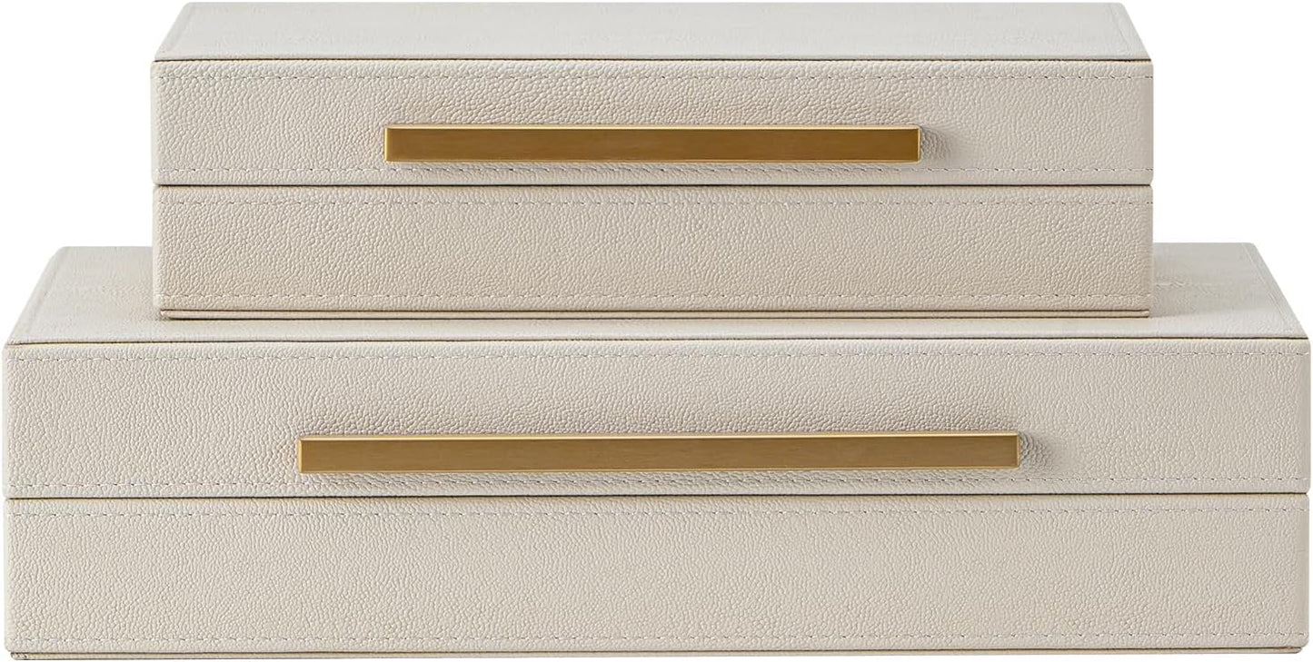 Regine Switzerland Set of 2 Beige Shagreen Decorative Storage Boxes - Faux Leather Jewelry & Memory Organizers
