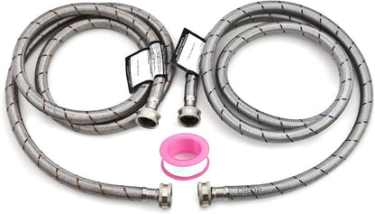 Set of Hot and Cold Stainless Steel Washing Machine Hoses, 6ft Long, Burst Proof Water Supply Lines