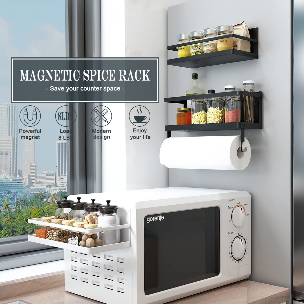 Hoopoton Magnetic Paper Towel Holder, 2-in-1 Magnetic Spice Rack with Hooks,Wall Mount Shelf Towel Rack for Refrigerator (Black, With hook)