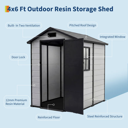 Outdoor Storage Shed with Floor, Plastic Resin Garden Shed with Window & Sloping Roof & Lockable Door for Patio Backyard Garden, Lawn Mower, Bike, Tool Storage (Grayish White + Black, 4' x 6')